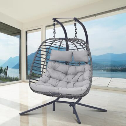 Spacious 2-Person Hanging Egg Chair with Stand – Perfect for Garden, Patio, or Indoor Use